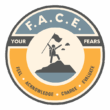 F.A.C.E. Your Fears Logo showing an abstract figure summiting a mountain with a flag: Feel • Acknowledge • Charge • Evaluate